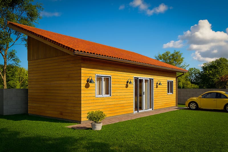 Projeto 3D de Casa Meia Água Pré-Fabricada de 40m²